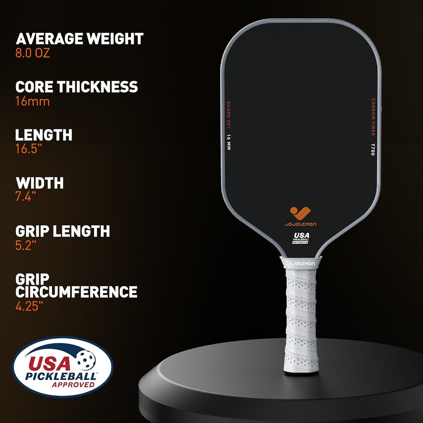 JOJOLEMON Pickleball Paddles, Carbon Fiber Pickleball Paddle with a 16mm Shark Power Polymer Core