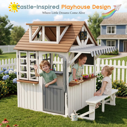 ALBOTT Unisex 4-Size Kids WoodenPlayhouse with Kitchen Set - Durable FirWood