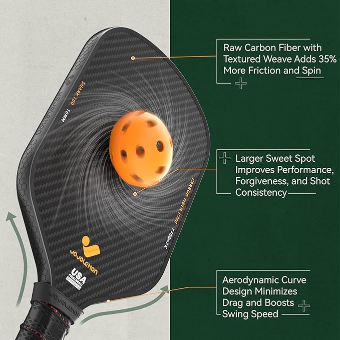 JOJOLEMON Pickleball Paddles, Carbon Fiber Pickleball Paddle with a 16mm Shark Power Polymer Core