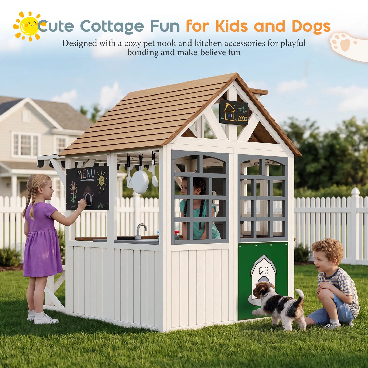 ALBOTT Unisex 4-Size Kids WoodenPlayhouse with Kitchen Set - Durable FirWood