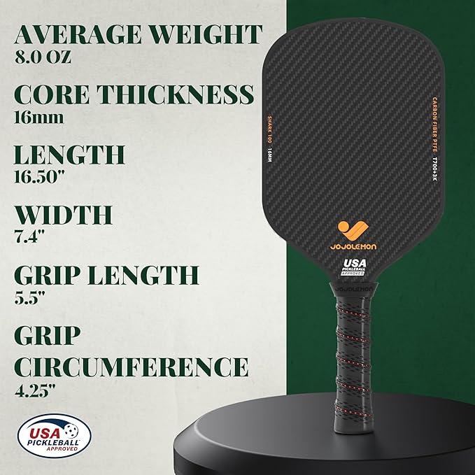 JOJOLEMON Pickleball Paddles, Carbon Fiber Pickleball Paddle with a 16mm Shark Power Polymer Core