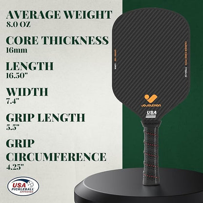 JOJOLEMON Pickleball Paddles, Carbon Fiber Pickleball Paddle with a 16mm Shark Power Polymer Core