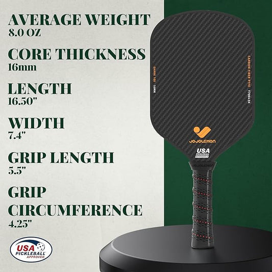 JOJOLEMON Pickleball Paddles, Carbon Fiber Pickleball Paddle with a 16mm Shark Power Polymer Core