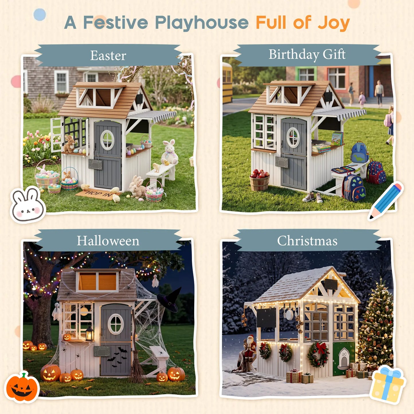 ALBOTT Unisex 4-Size Kids WoodenPlayhouse with Kitchen Set - Durable FirWood